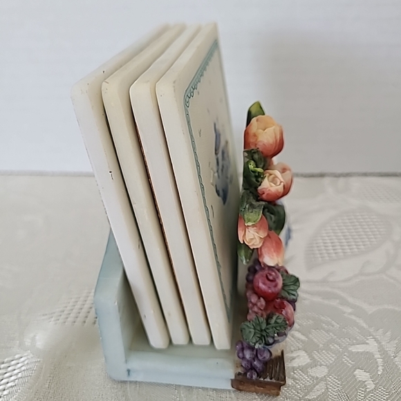 A.Richesco Co. Handpainted Set of 4 Square Coaster and Holder Vintage - Picture 5 of 12